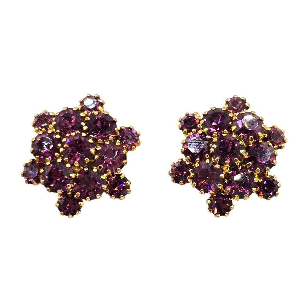 Earrings Vintage Cluster Rhinestones Deep Purple Color Tone Clip On SKU 3362